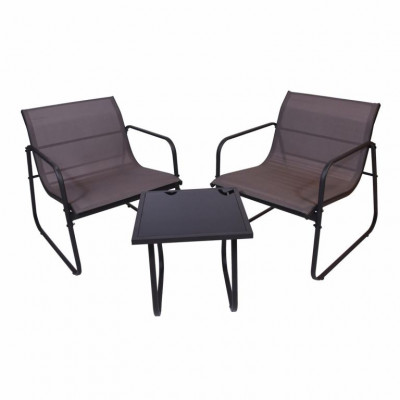 Záhradný relaxačný set stôl a 2 kreslá, oceľ, šedá