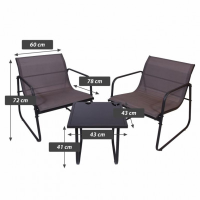 Záhradný relaxačný set stôl a 2 kreslá, oceľ, šedá