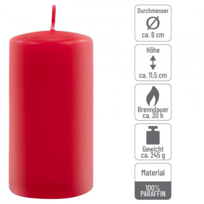 Sada stĺpových sviečok, 11,5 cm, Ø 6 cm, červená, 18 ks