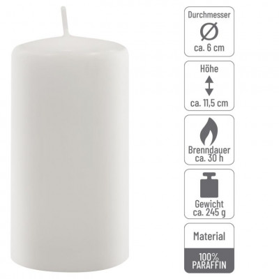 Sada stĺpových sviečok, 11,5 cm, Ø 6 cm, biela, 6 ks