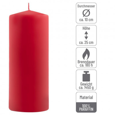 Sada stĺpových sviečok, 25 cm, Ø10 cm, červená, 4 ks