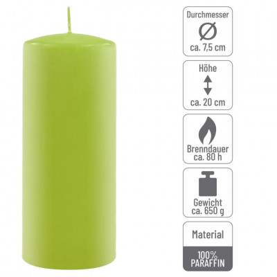Sada stĺpových sviečok, 20 cm, Ø 7,5 cm, svetlozelená, 4 ks
