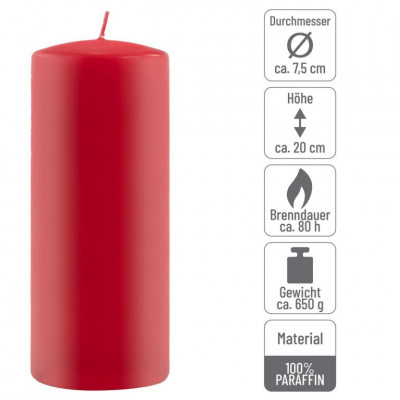 Sada stĺpových sviečok, 20 cm, Ø 7,5 cm, červená, 6 ks