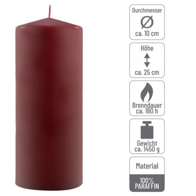 Sada stĺpových sviečok, 25 cm, Ø 10 cm, vínová, 2 ks