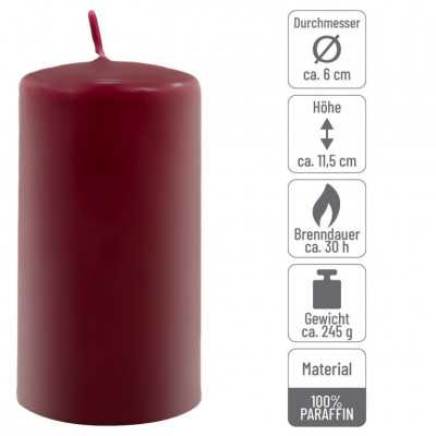 Sada stĺpových sviečok, 11,5 cm, Ø 6 cm, vínová, 6 ks