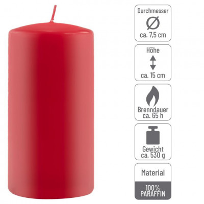 Sada stĺpových sviečok, 15 cm, Ø 7,5 cm, červená, 4 ks