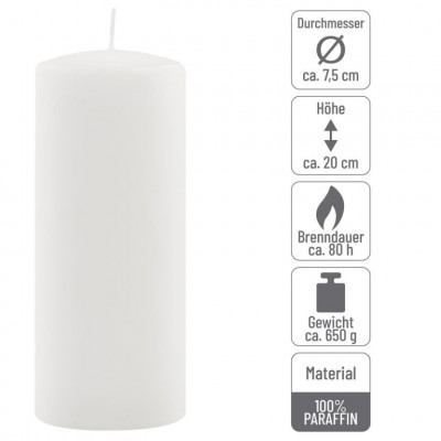 Sada stĺpových sviečok, 20 cm, Ø 7,5 cm, biela, 6 ks