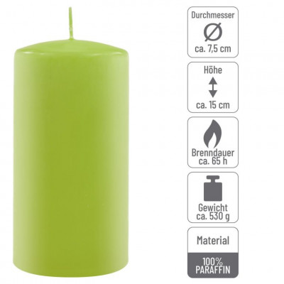 Sada stĺpových sviečok, 15 cm, Ø 7,5 cm, svetlozelená, 4 ks
