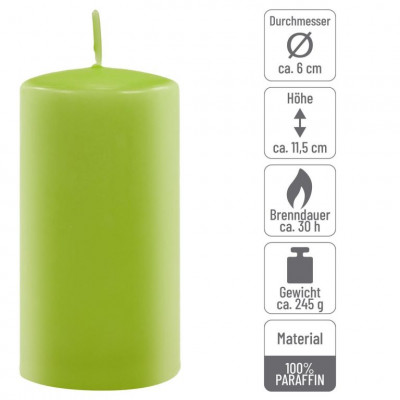 Sada stĺpových sviečok, 11,5 cm, Ø 6 cm, svetlozelená, 12 ks