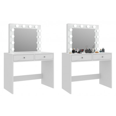 Toaletný stolík so zrkadlom 12 LED biely, 2 zásuvky na make-