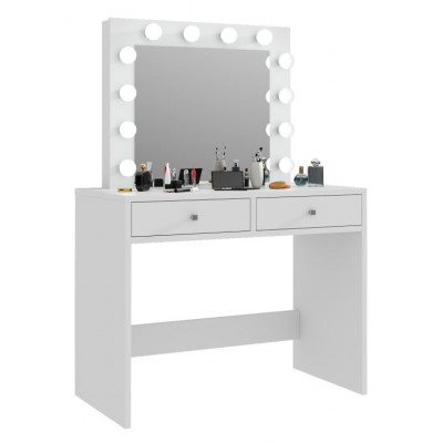 Toaletný stolík so zrkadlom 12 LED biely, 2 zásuvky na make-