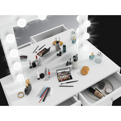 Toaletný stolík so zrkadlom 12 LED biely, 2 zásuvky na make-