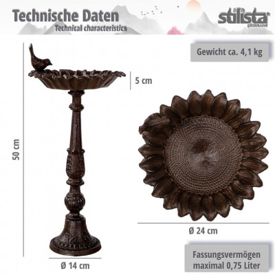 STILISTA Liatinové vtáčie napájadlo, 50 x 24 cm,antic. hnedá