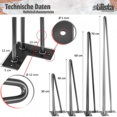 STILISTA nábytková noha z 3 tyčiek, 70 cm, čierna
