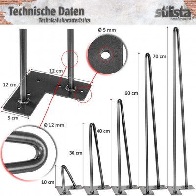 STILISTA nábytková noha z 2 tyčiek, 60 cm, čierna
