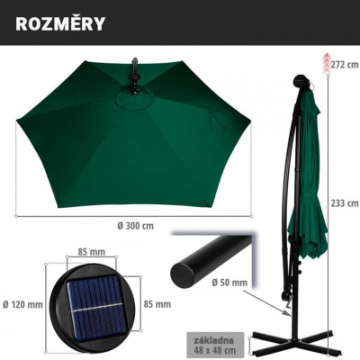 STILISTA záhradný slnečník s kľučkou 3 m, antracit + LED