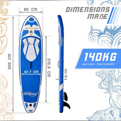Physionics nafukovací paddleboard, 320 x 80 x 15 cm, modrý