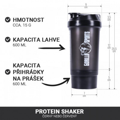 Gorilla Sports Shaker s priehradkou, 500 ml čierny