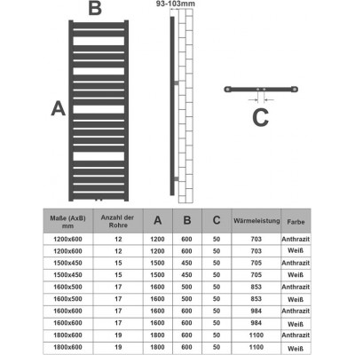 AQUAMARIN Vertikálny kúpeľňový radiátor, 1600 x 500 mm