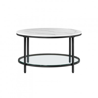 VASAGLE konferenčný stolík biely mramor so sklenenou policou