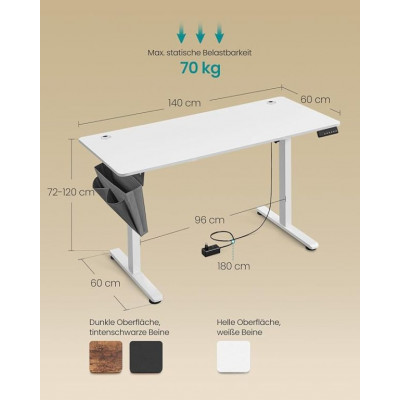 Elektricky výškovo nastaviteľný pracovný stôl 140×60 cm biel