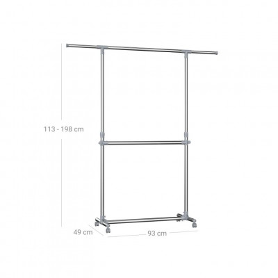 Dvojitý vešiak na odevy na kolieskach, výška 113–198 cm