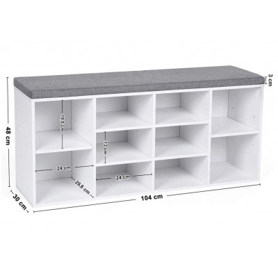 Skriňa na topánky s lavicou a vankúšom, biela, 104×30×48 cm