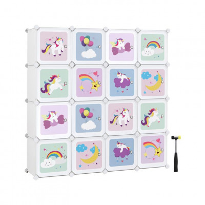 Kockový regál pre deti 16 boxov - motív jednorožce, biely