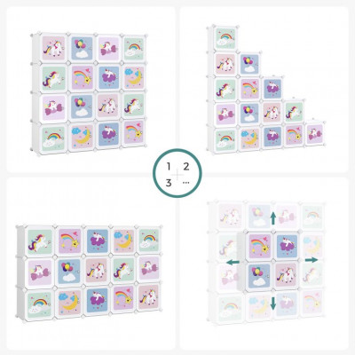 Kockový regál pre deti 16 boxov - motív jednorožce, biely