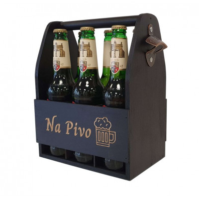 Drevený nosič na pivo s otváračom fliaš, 23,5 x 30 x 15,5 cm