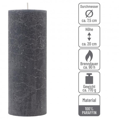 Antracit parafínová sviečka rustikálna 20 cm,90 h, sada 4 ks