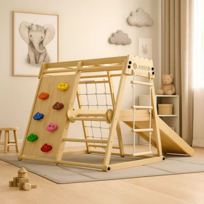 Detské vnútorné drevené ihrisko so šmykľavkou, lezeckou sten