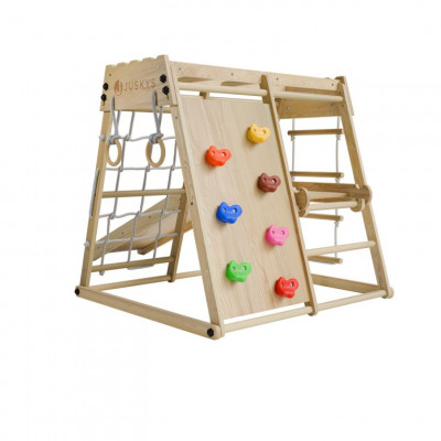 Detské vnútorné drevené ihrisko so šmykľavkou, lezeckou sten