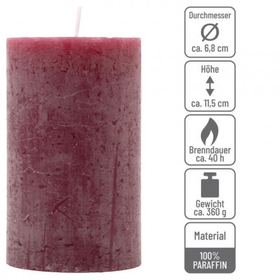 Bordó parafínová sviečka rustikálna 11,5 cm, 40 h, sada 6 ks