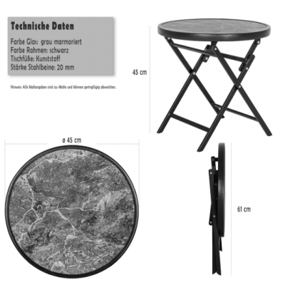 Odkladací stolík so sklenenou doskou, sivý mramor, Ø 45 cm