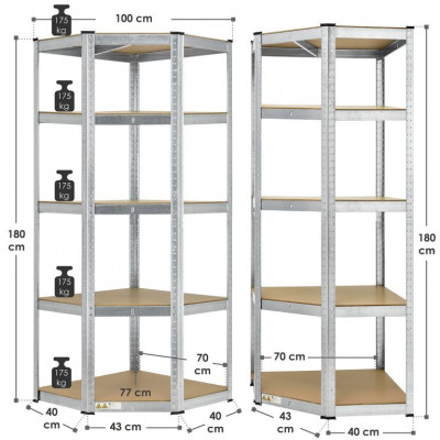 Kovový rohový regál 180x70x40-70 cm, 5 políc, nosnosť 875 kg