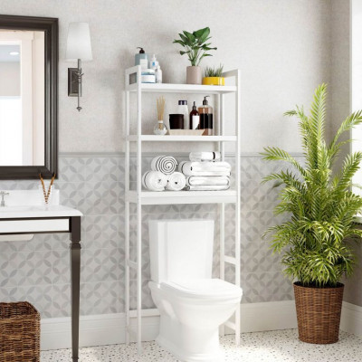 Bambusová a oceľová polica, 3 poschodia, biela, 63×26×170 cm