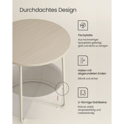 Okrúhly stolík s látkovým košom, 45x50 cm, krémovo biely