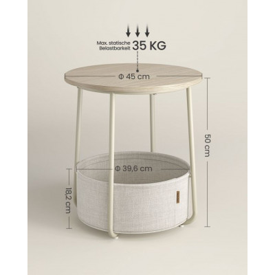 Okrúhly stolík s látkovým košom, 45x50 cm, krémovo biely