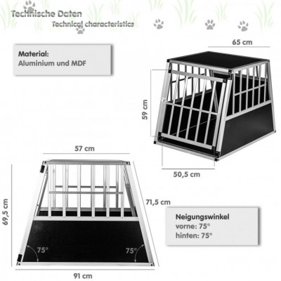 Hliníkový prepravný box pre psov, 65 × 91 × 69,5 cm, veľ. L
