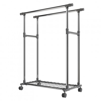Kovový stojan na oblečenie na kolieskach, 2 tyče + police