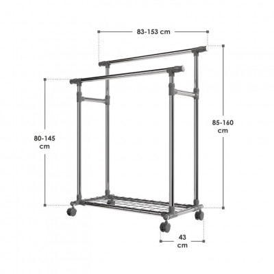 Kovový stojan na oblečenie na kolieskach, 2 tyče + police