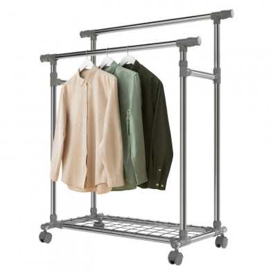 Kovový stojan na oblečenie na kolieskach, 2 tyče + police