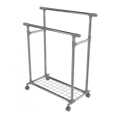 Kovový stojan na oblečenie na kolieskach, 2 tyče + police