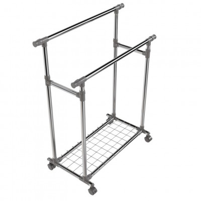 Kovový stojan na oblečenie na kolieskach, 2 tyče + police