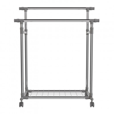 Kovový stojan na oblečenie na kolieskach, 2 tyče + police