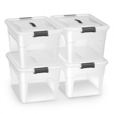 Sada 4 úložných boxov s viečkami, 30 l, plast, priehľadné