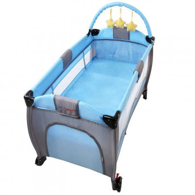 Cestovná postieľka s prebaľovacím pultom, modrá/sivá