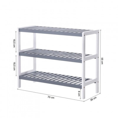 Bambusová botník, 3 police, biela/sivá, 70x26x55 cm