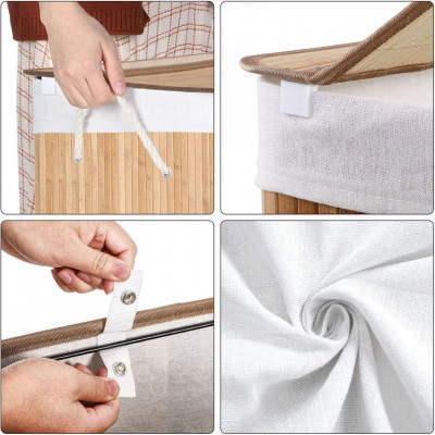 Bambusový košík na bielizeň 150 l s 3 priehradkami a vekom